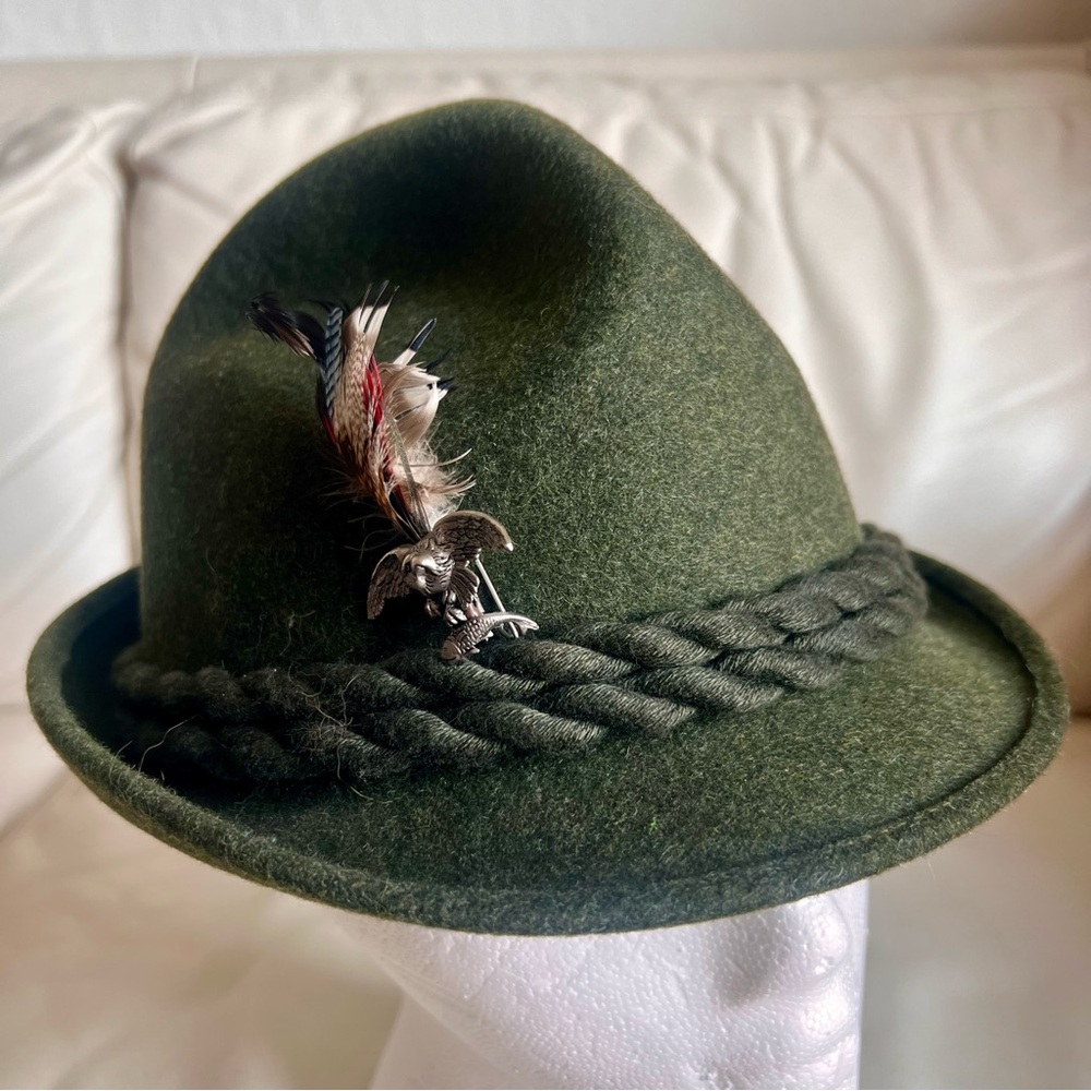 Vintage Pure New Wool Felt Dark Green Hat Braided Cord w/ Feathered Pins